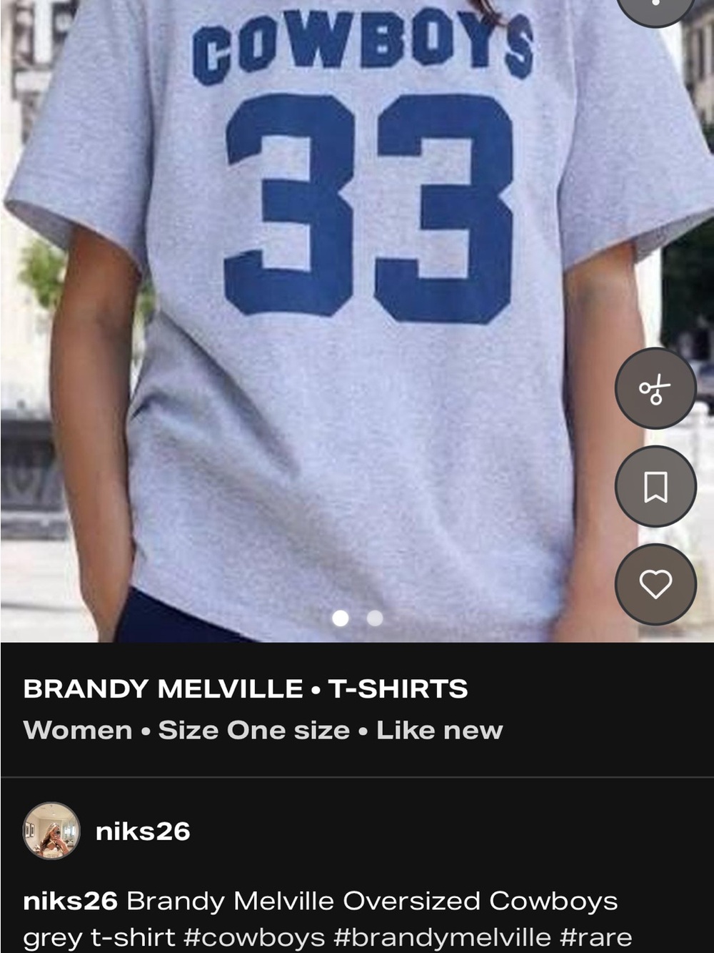 Brandy Melville Grey Tee with Navy 'COWBOYS 33' Graphic